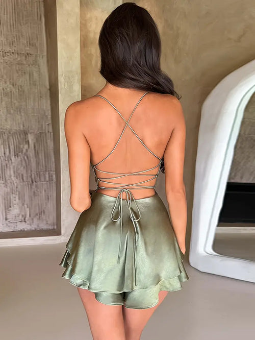 SNATCHED SATIN LACE UP MINI DRESS - MATCHA