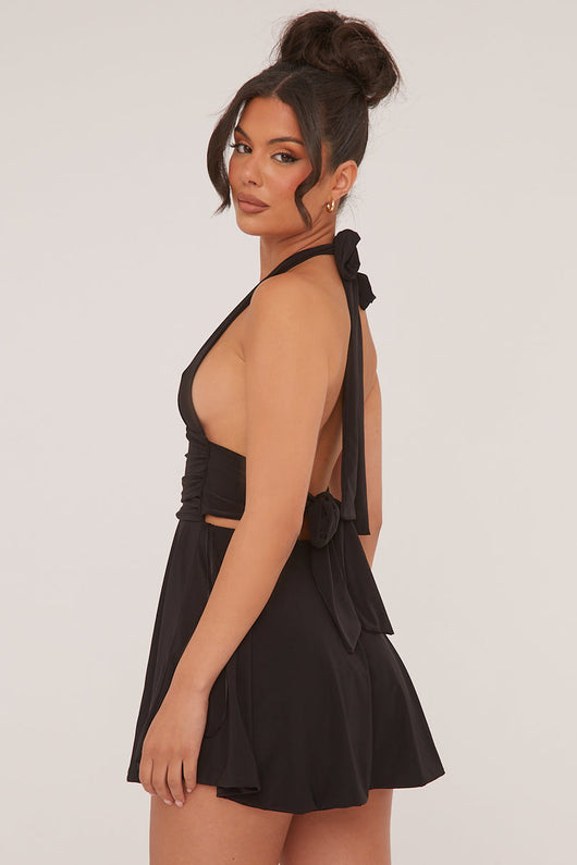 PIPPA MINI DRESS – BLACK HALTER PLUNGE NECK